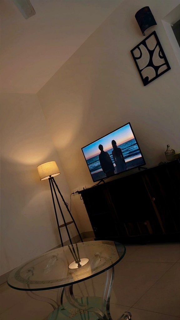 Evening living area with floor lamp and television